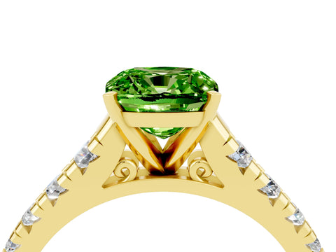 Yellow gold Cushion Cut Peridot Solitaire Ring with Cathedral Setting and Pavé Band_4