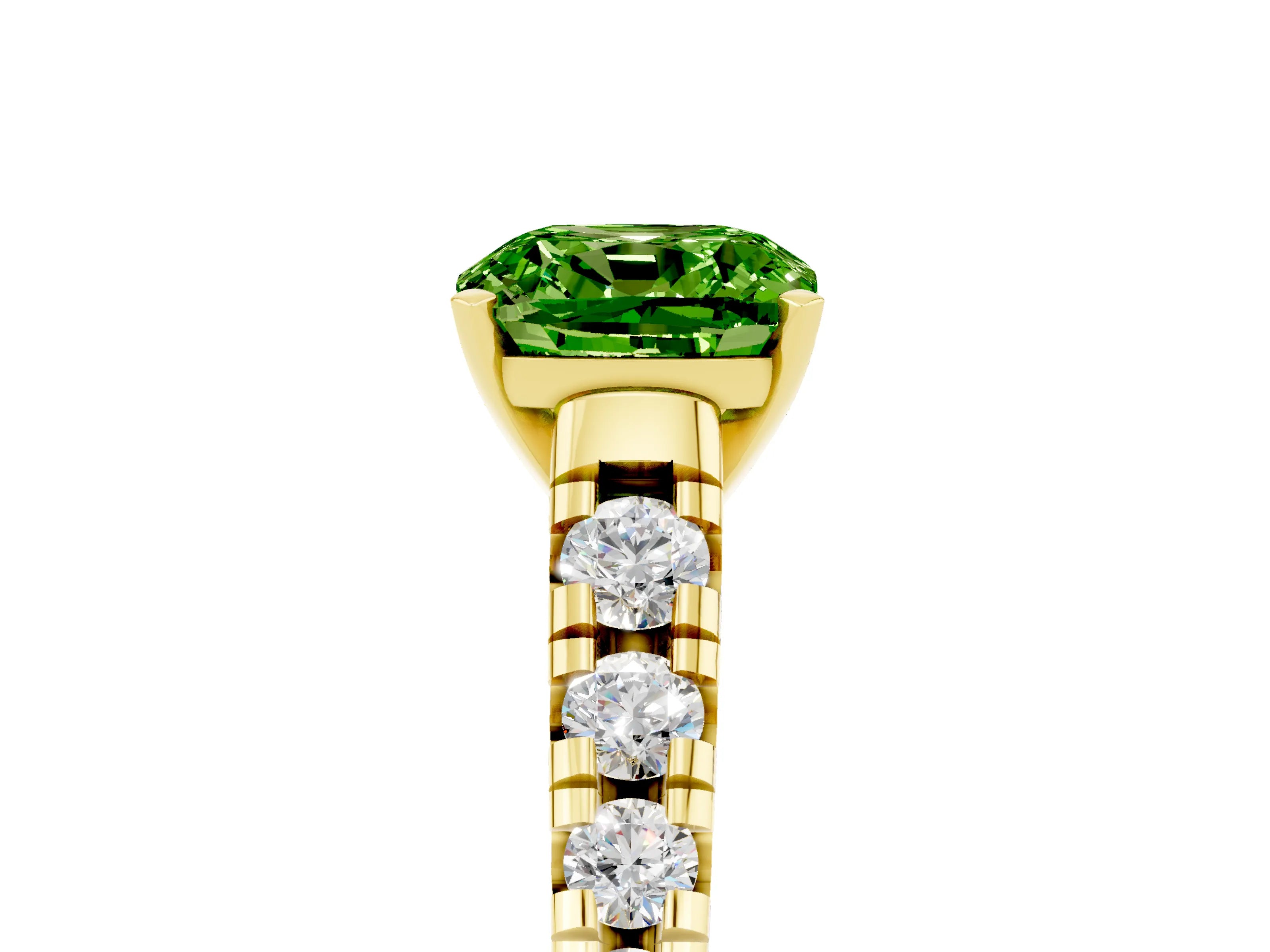 Yellow gold Cushion Cut Peridot Solitaire Ring with Cathedral Setting and Pavé Band_5