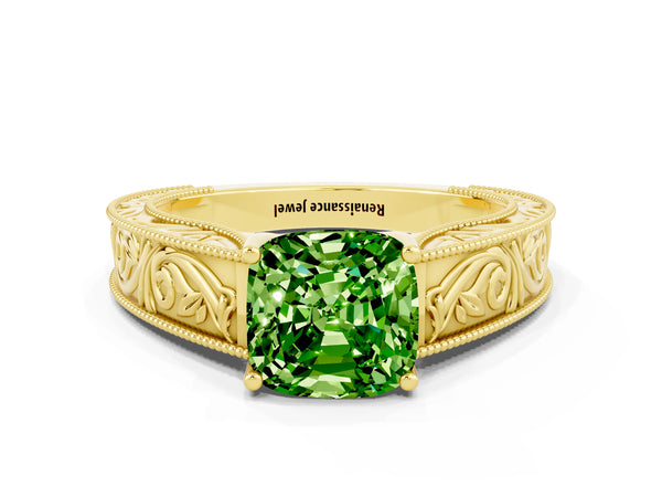Yellow gold Cushion Cut Peridot Solitaire Ring with Engraved Band and Four-Prong Setting