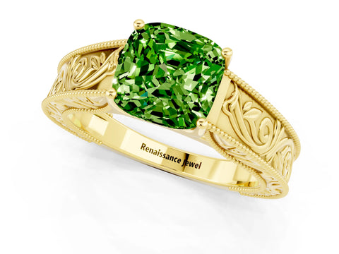 Yellow gold Cushion Cut Peridot Solitaire Ring with Engraved Band and Four-Prong Setting_1
