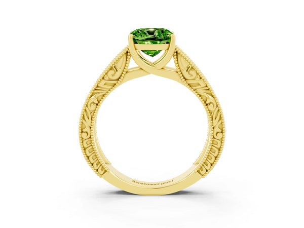 Yellow gold Cushion Cut Peridot Solitaire Ring with Engraved Band and Four-Prong Setting