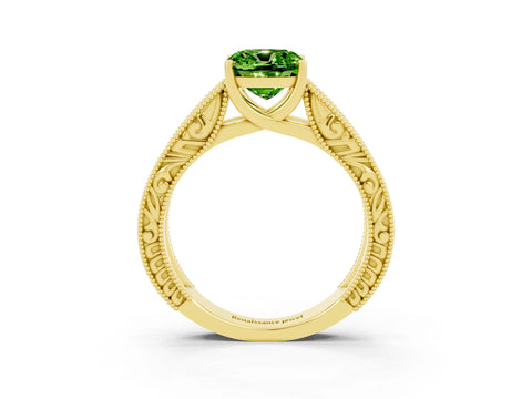 Yellow gold Cushion Cut Peridot Solitaire Ring with Engraved Band and Four-Prong Setting_3