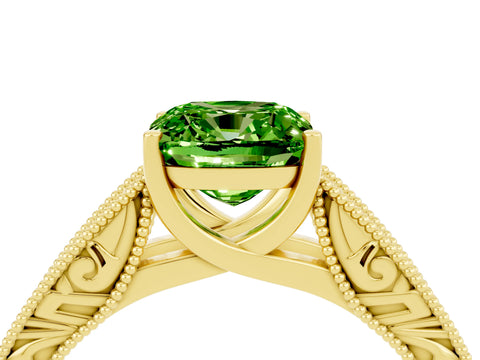 Yellow gold Cushion Cut Peridot Solitaire Ring with Engraved Band and Four-Prong Setting_4