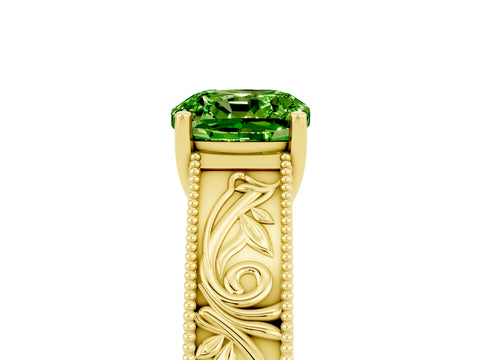 Yellow gold Cushion Cut Peridot Solitaire Ring with Engraved Band and Four-Prong Setting_5