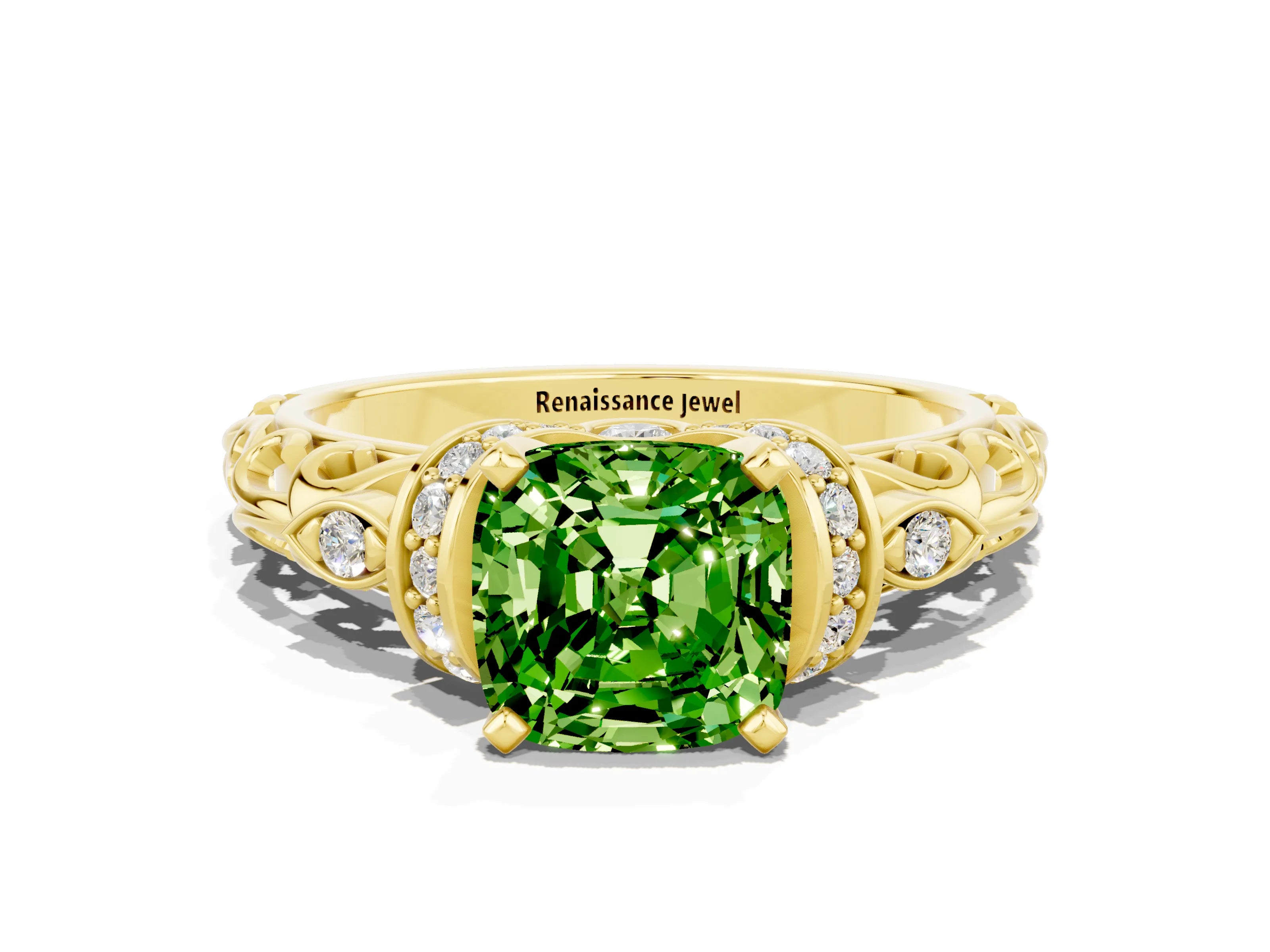 Yellow gold Cushion Cut Peridot Solitaire Ring with Filigree Band and Four-Prong Setting_24
