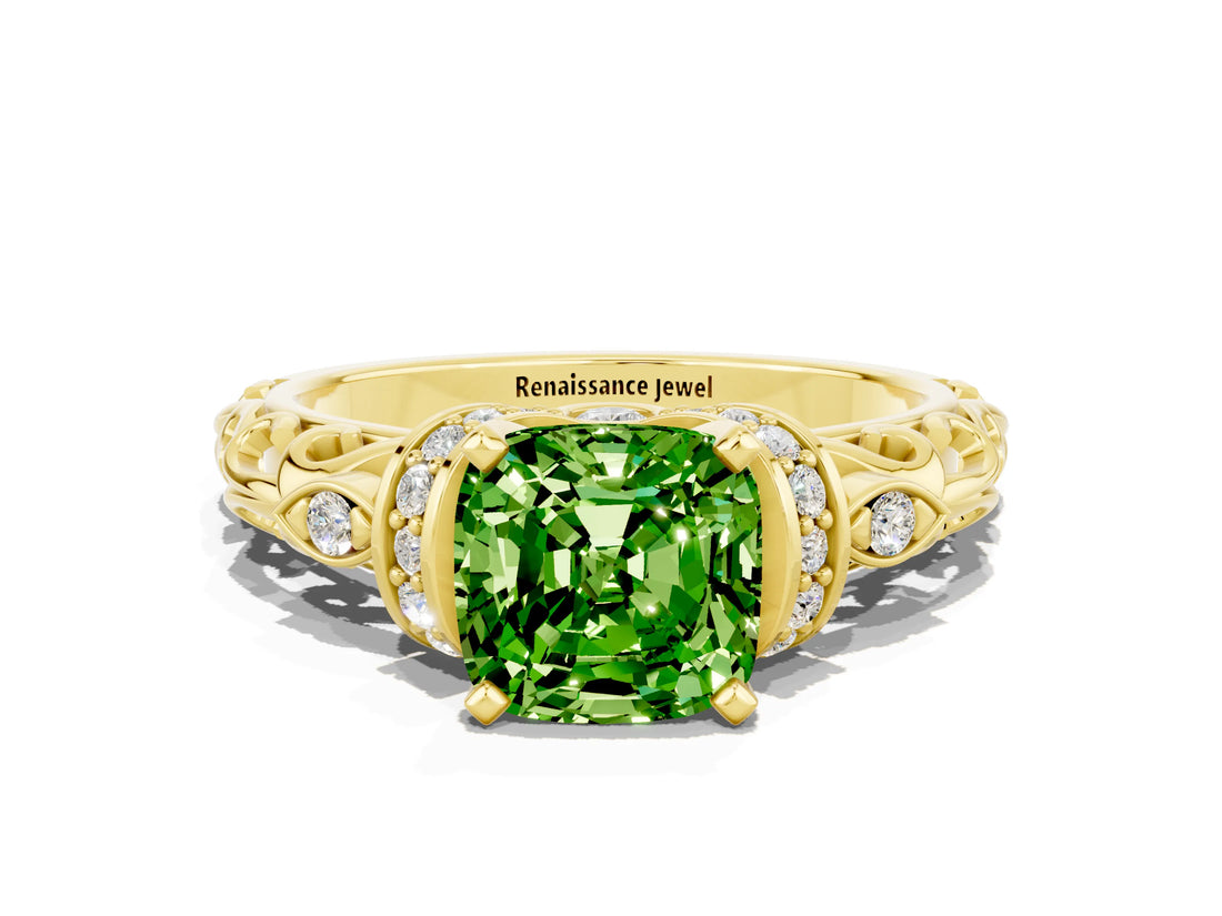 Yellow gold Cushion Cut Peridot Solitaire Ring with Filigree Band and Four-Prong Setting_24