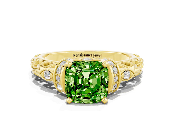 Yellow gold Cushion Cut Peridot Solitaire Ring with Filigree Band and Four-Prong Setting