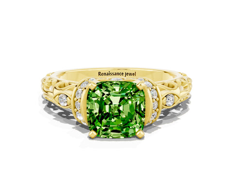 Yellow gold Cushion Cut Peridot Solitaire Ring with Filigree Band and Four-Prong Setting_24