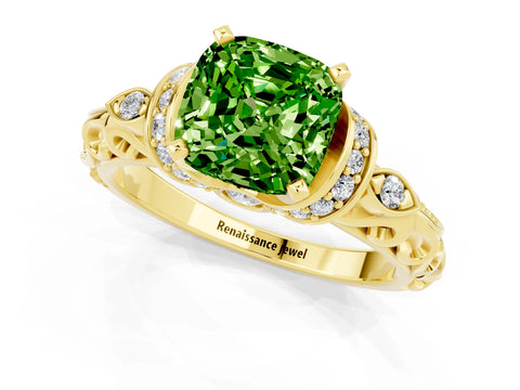 Yellow gold Cushion Cut Peridot Solitaire Ring with Filigree Band and Four-Prong Setting_25