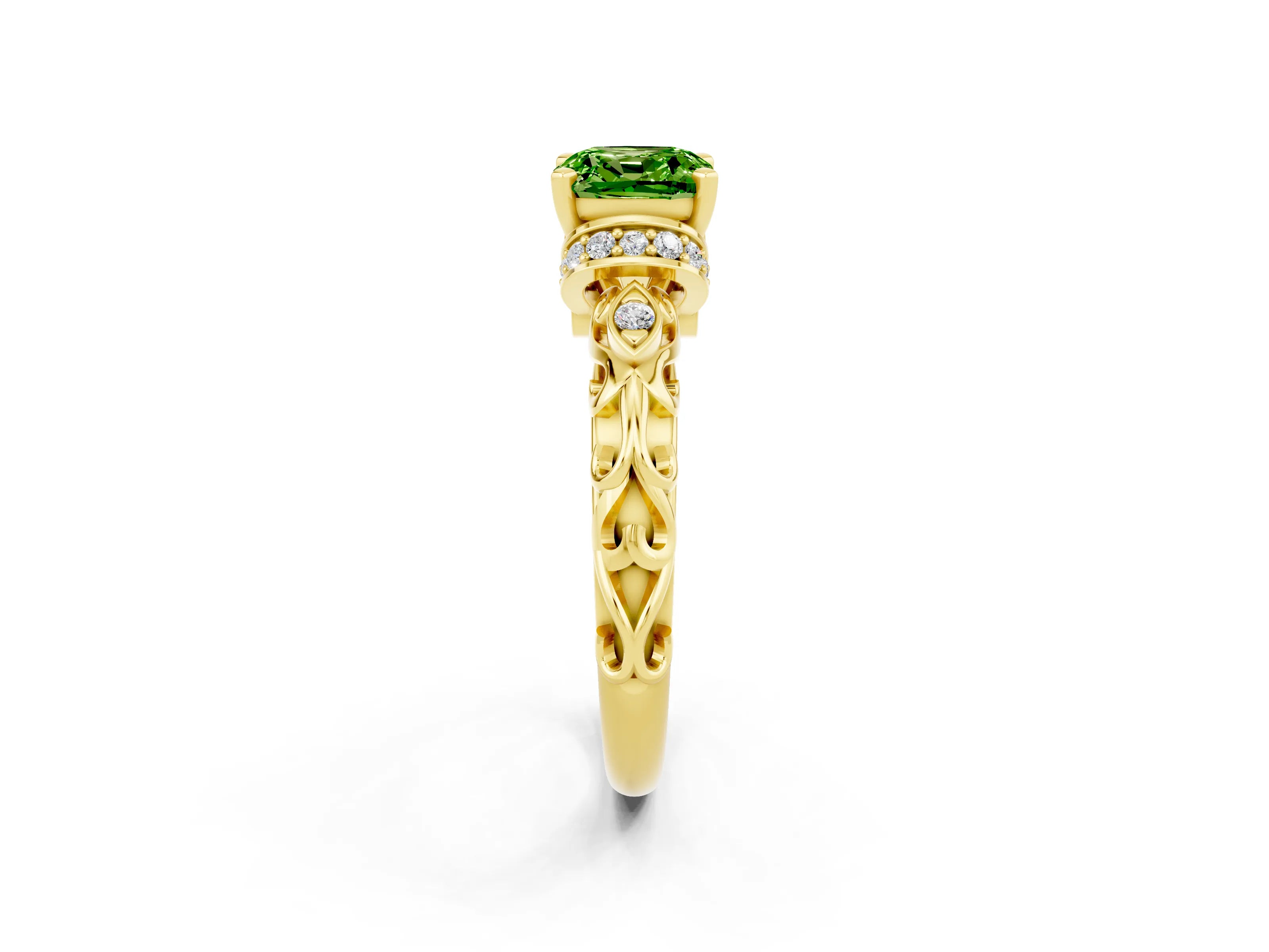 Yellow gold Cushion Cut Peridot Solitaire Ring with Filigree Band and Four-Prong Setting_26