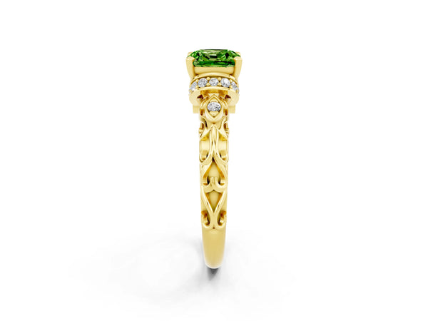 Yellow gold Cushion Cut Peridot Solitaire Ring with Filigree Band and Four-Prong Setting