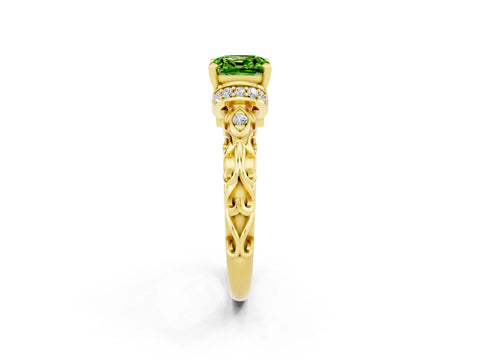 Yellow gold Cushion Cut Peridot Solitaire Ring with Filigree Band and Four-Prong Setting_26