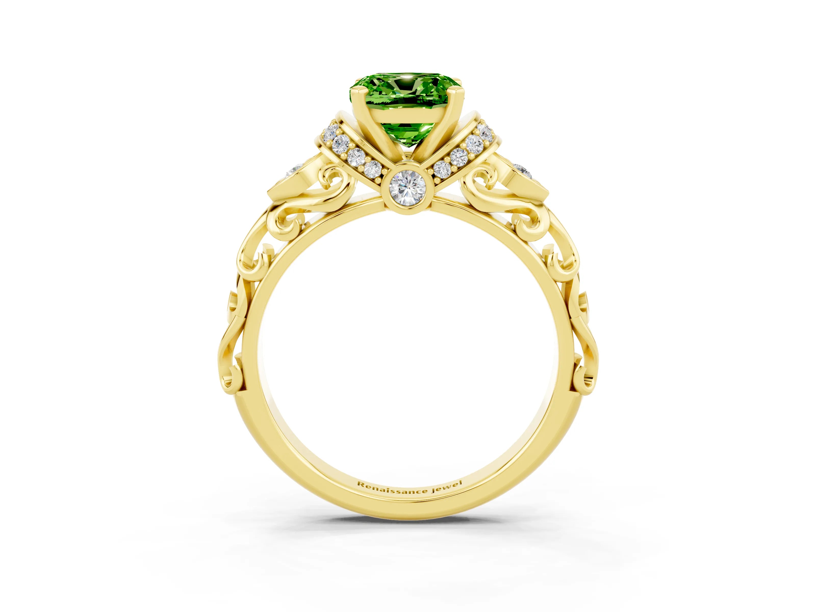 Yellow gold Cushion Cut Peridot Solitaire Ring with Filigree Band and Four-Prong Setting_27
