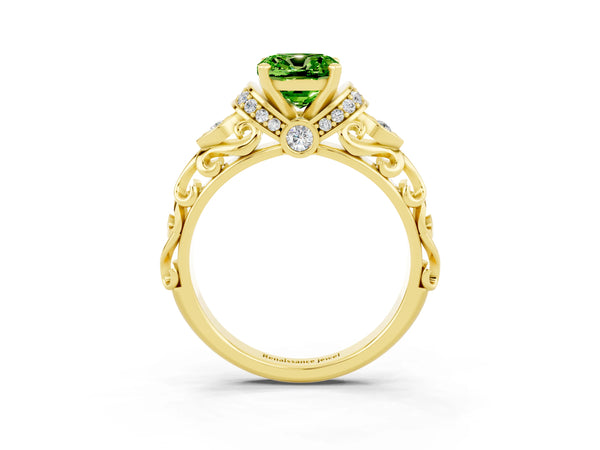 Yellow gold Cushion Cut Peridot Solitaire Ring with Filigree Band and Four-Prong Setting