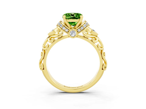 Yellow gold Cushion Cut Peridot Solitaire Ring with Filigree Band and Four-Prong Setting_27