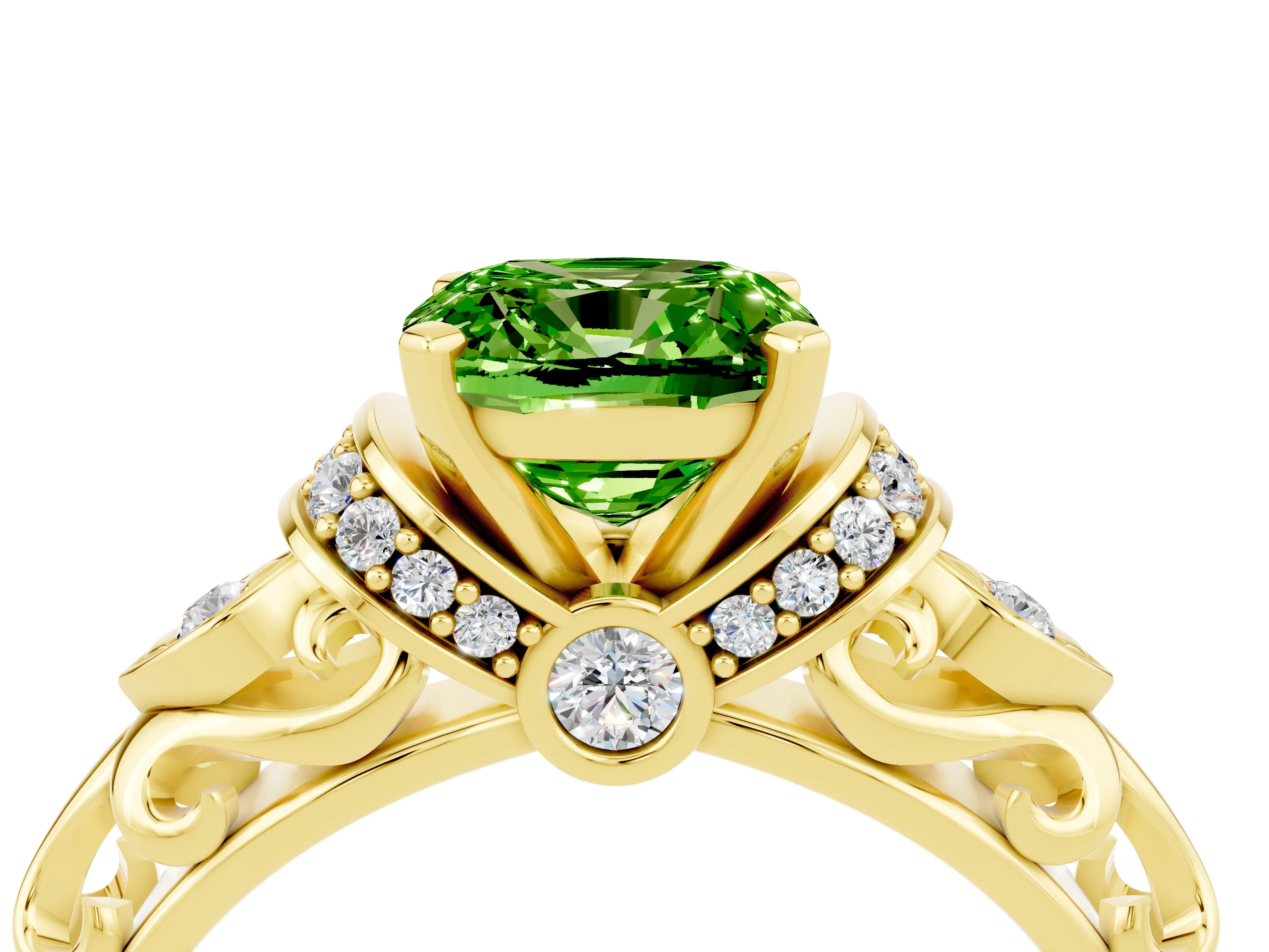 Yellow gold Cushion Cut Peridot Solitaire Ring with Filigree Band and Four-Prong Setting_28
