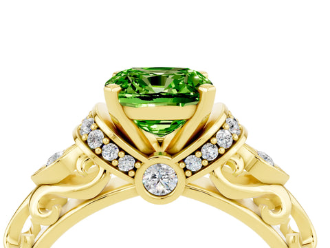 Yellow gold Cushion Cut Peridot Solitaire Ring with Filigree Band and Four-Prong Setting_28