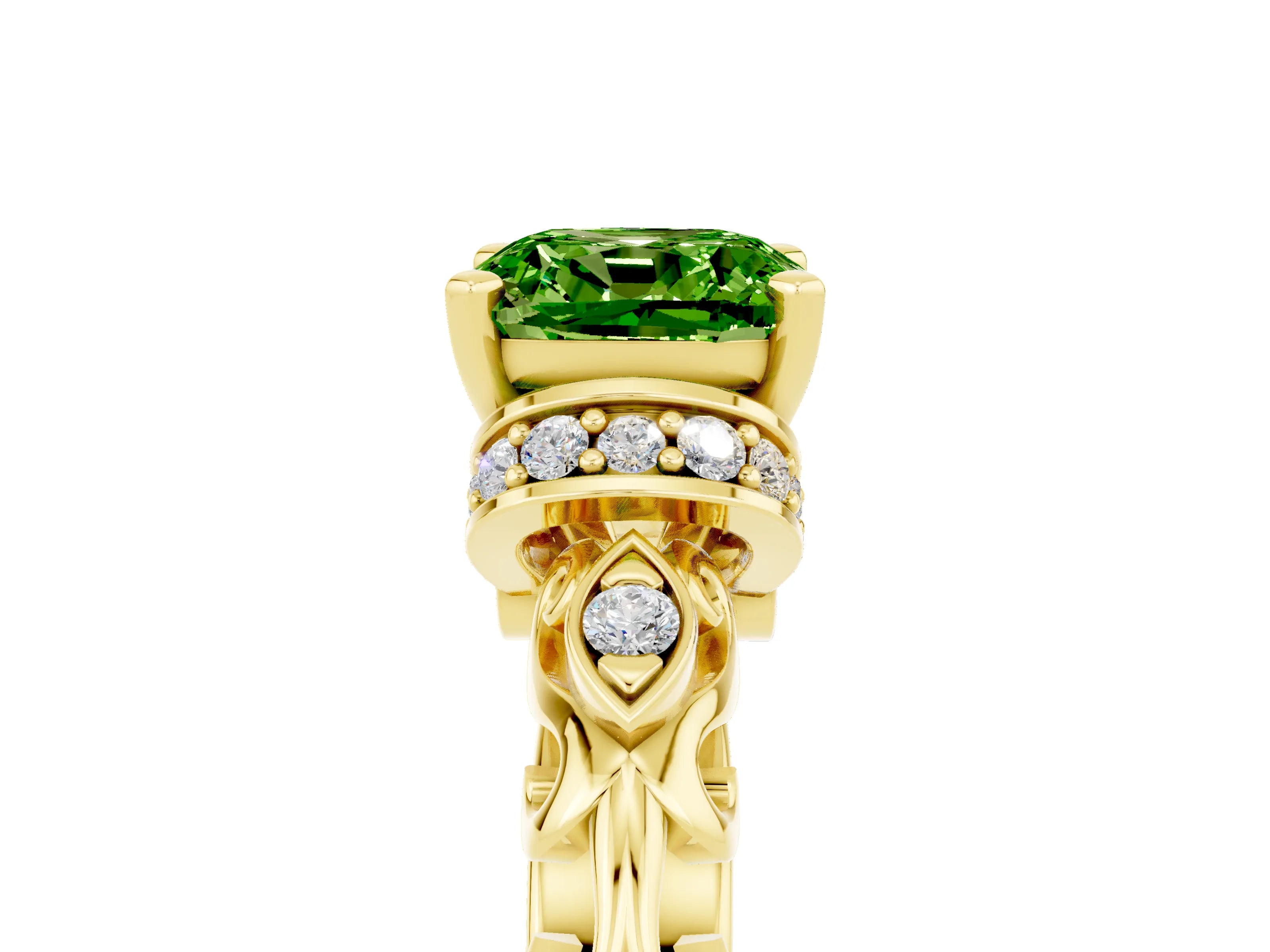 Yellow gold Cushion Cut Peridot Solitaire Ring with Filigree Band and Four-Prong Setting_29