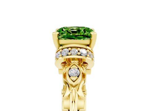 Yellow gold Cushion Cut Peridot Solitaire Ring with Filigree Band and Four-Prong Setting_29