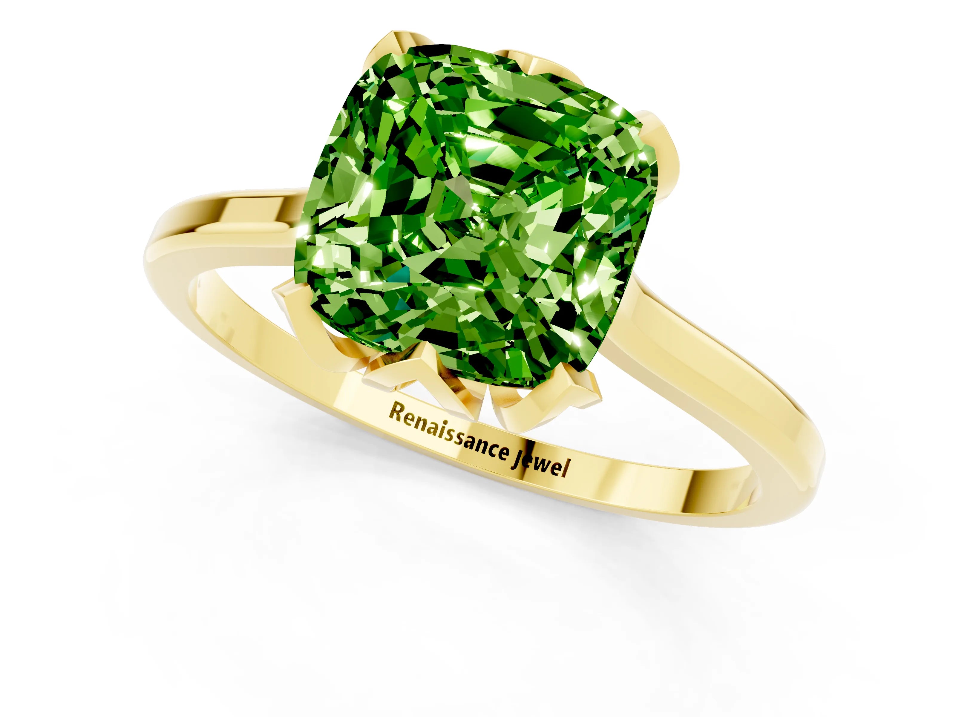 Yellow gold Cushion Cut Peridot Solitaire Ring with Flower Prong Setting and Classic Band_13