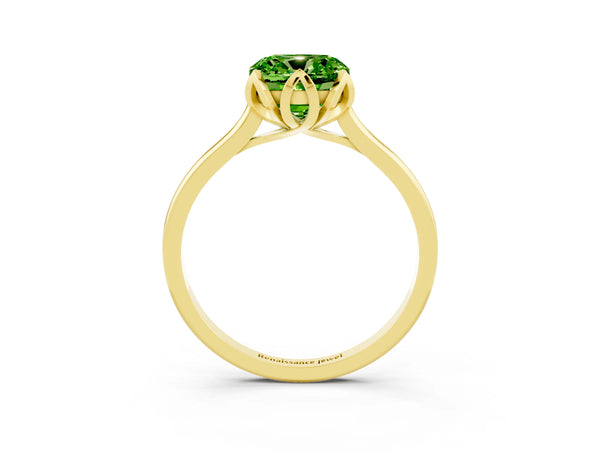 Yellow gold Cushion Cut Peridot Solitaire Ring with Flower Prong Setting and Classic Band