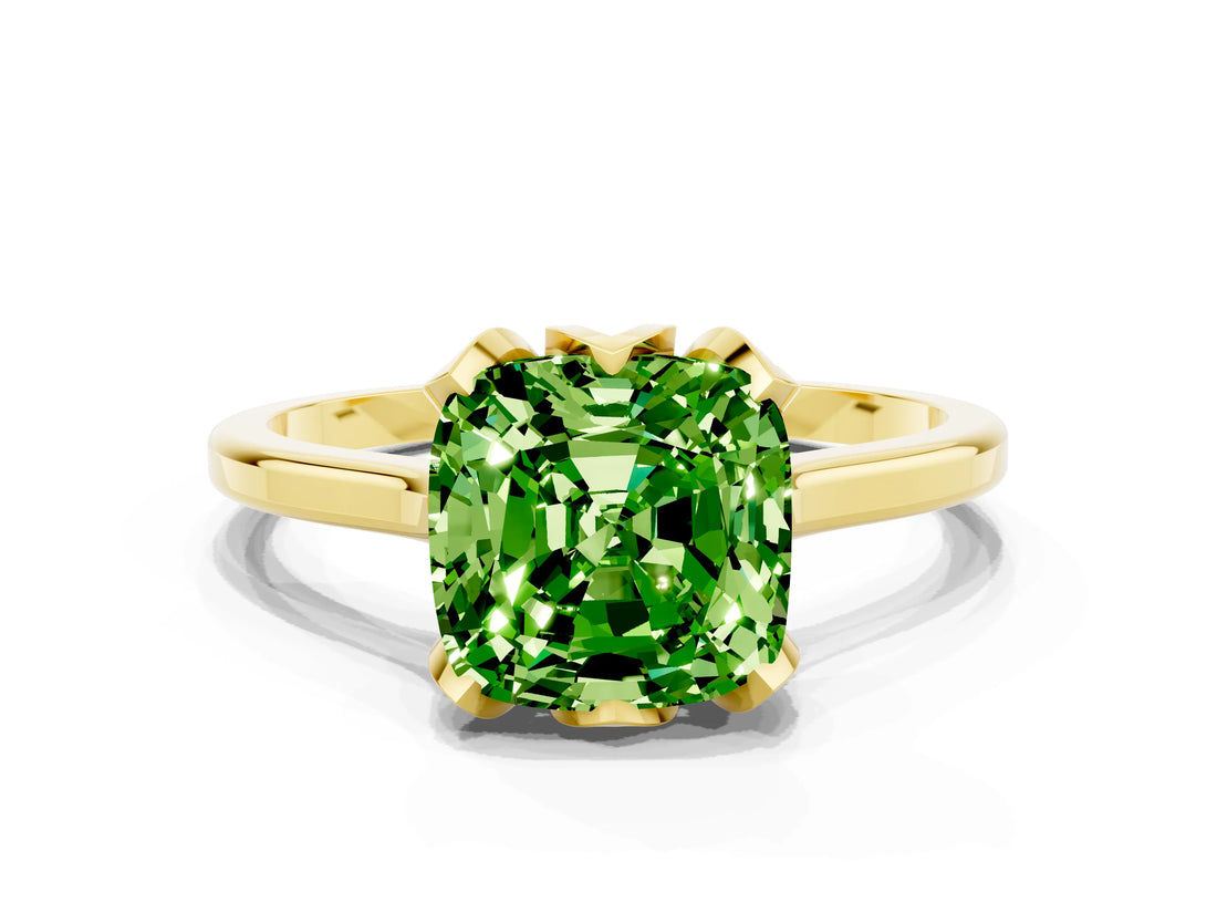 Yellow gold Cushion Cut Peridot Solitaire Ring with Flower Prong Setting and Classic Band_36