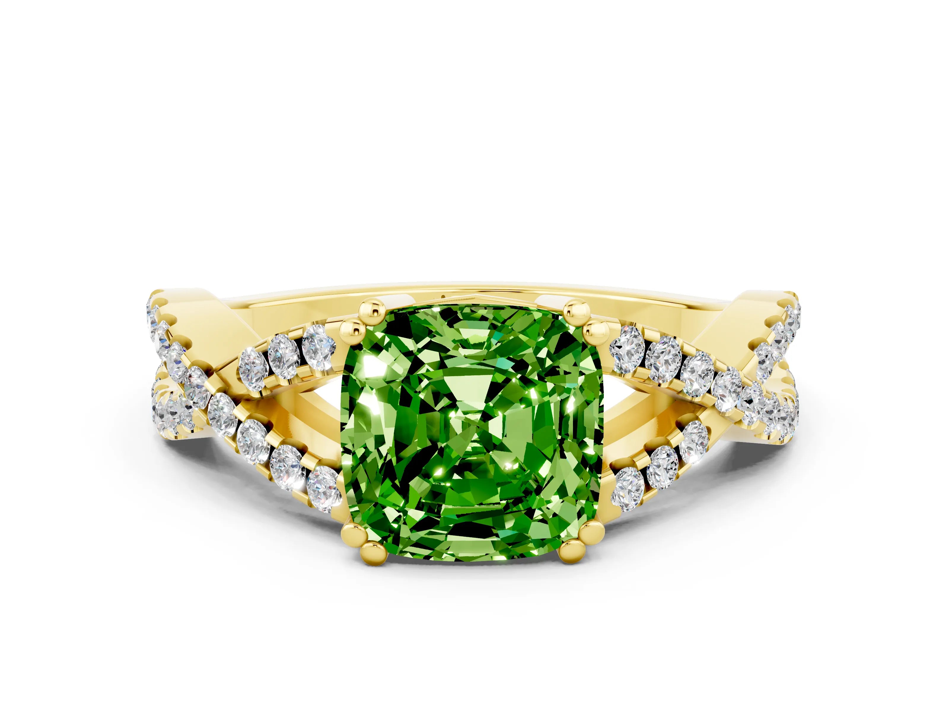 Yellow gold Cushion Cut Peridot Solitaire Ring with Four-Prong Setting and Twisted Pavé Band