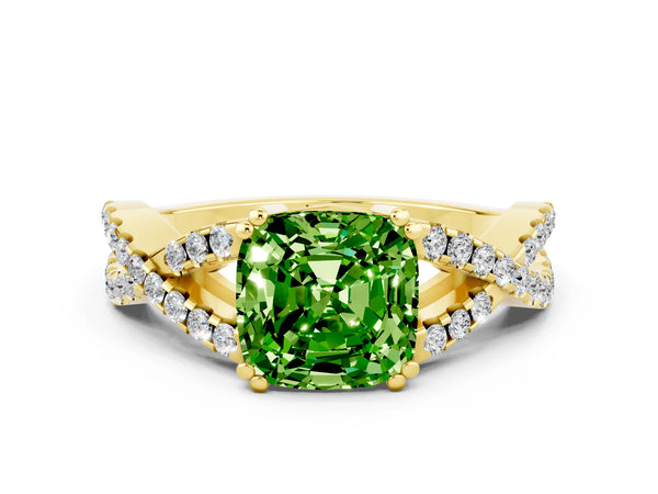 Yellow gold Cushion Cut Peridot Solitaire Ring with Four-Prong Setting and Twisted Pavé Band