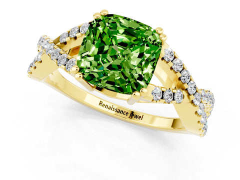 Yellow gold Cushion Cut Peridot Solitaire Ring with Four-Prong Setting and Twisted Pavé Band_1
