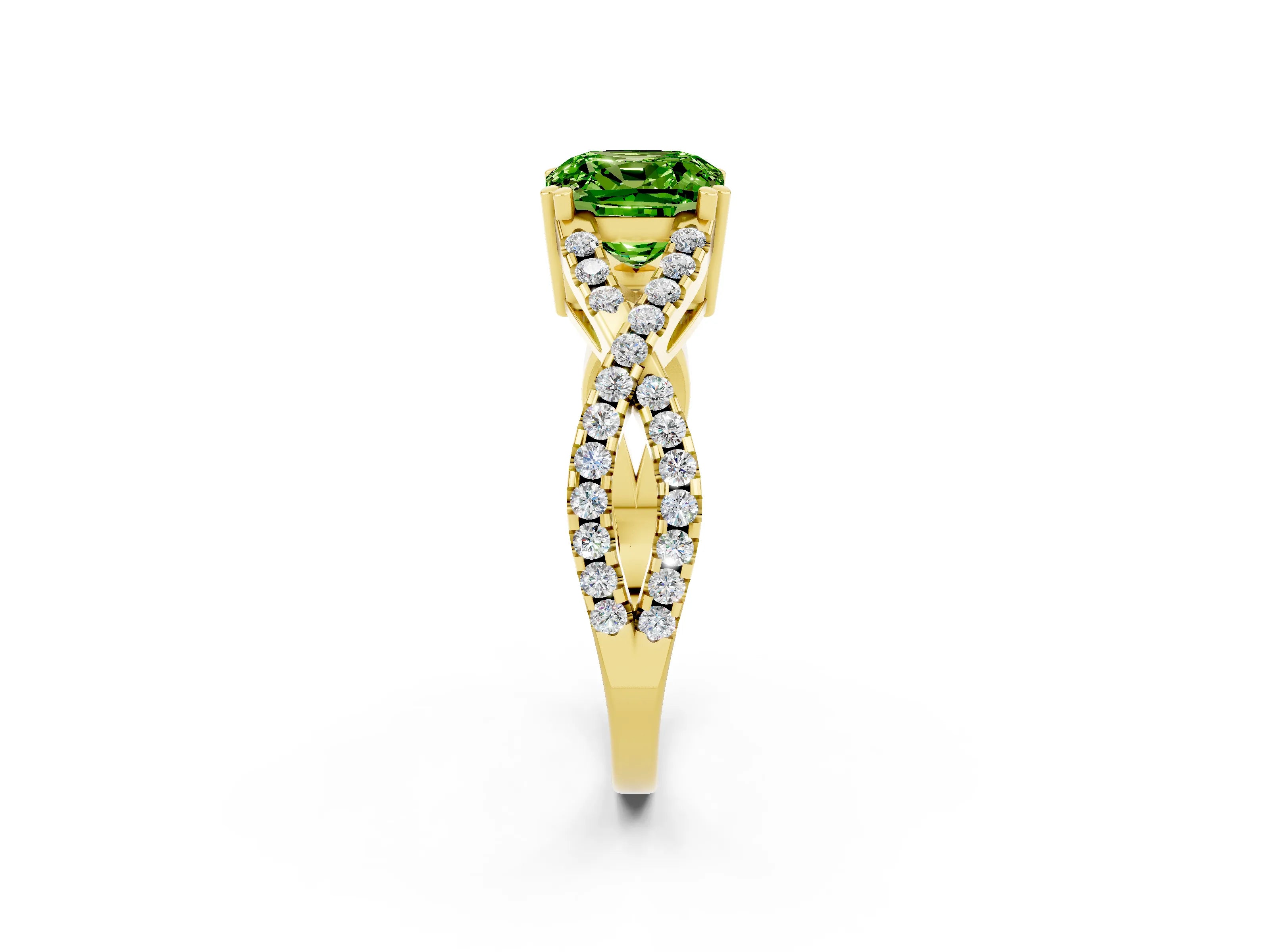 Yellow gold Cushion Cut Peridot Solitaire Ring with Four-Prong Setting and Twisted Pavé Band_2