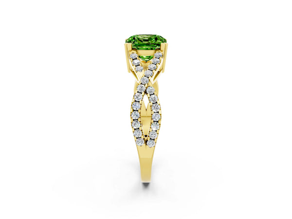 Yellow gold Cushion Cut Peridot Solitaire Ring with Four-Prong Setting and Twisted Pavé Band