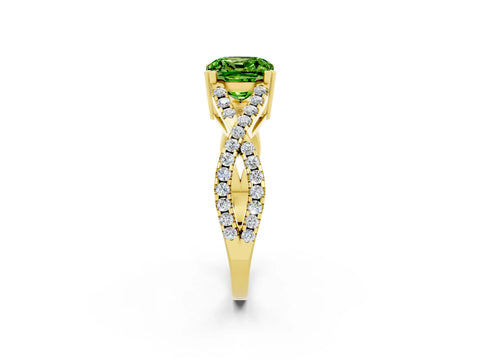Yellow gold Cushion Cut Peridot Solitaire Ring with Four-Prong Setting and Twisted Pavé Band_2