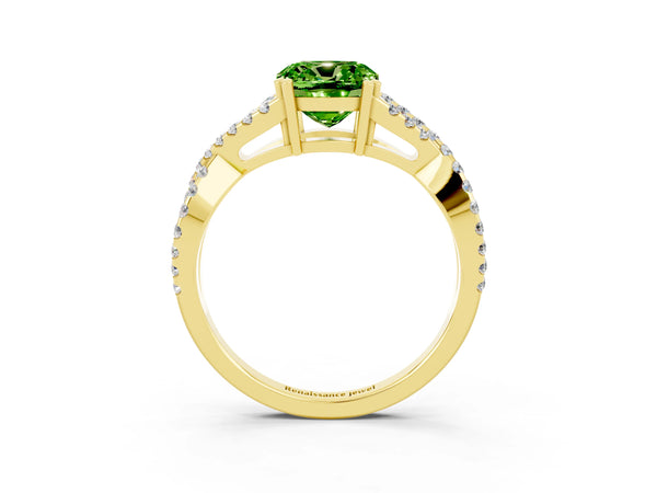 Yellow gold Cushion Cut Peridot Solitaire Ring with Four-Prong Setting and Twisted Pavé Band
