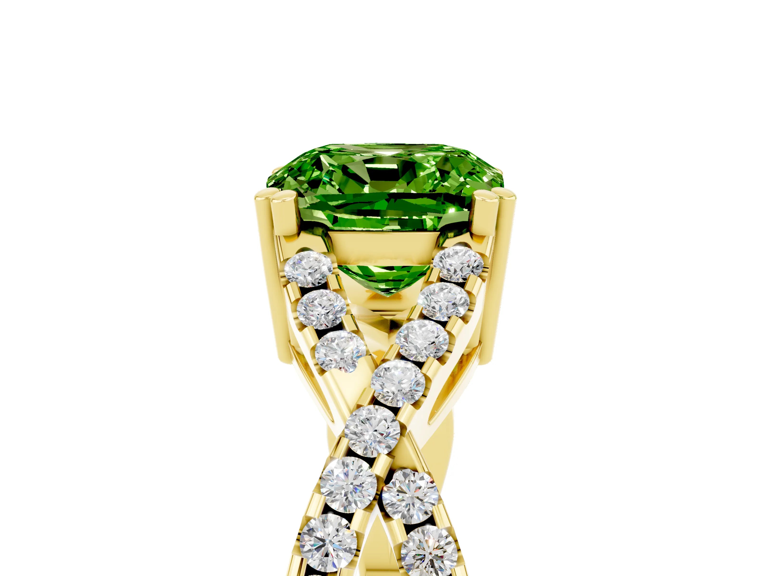 Yellow gold Cushion Cut Peridot Solitaire Ring with Four-Prong Setting and Twisted Pavé Band_5
