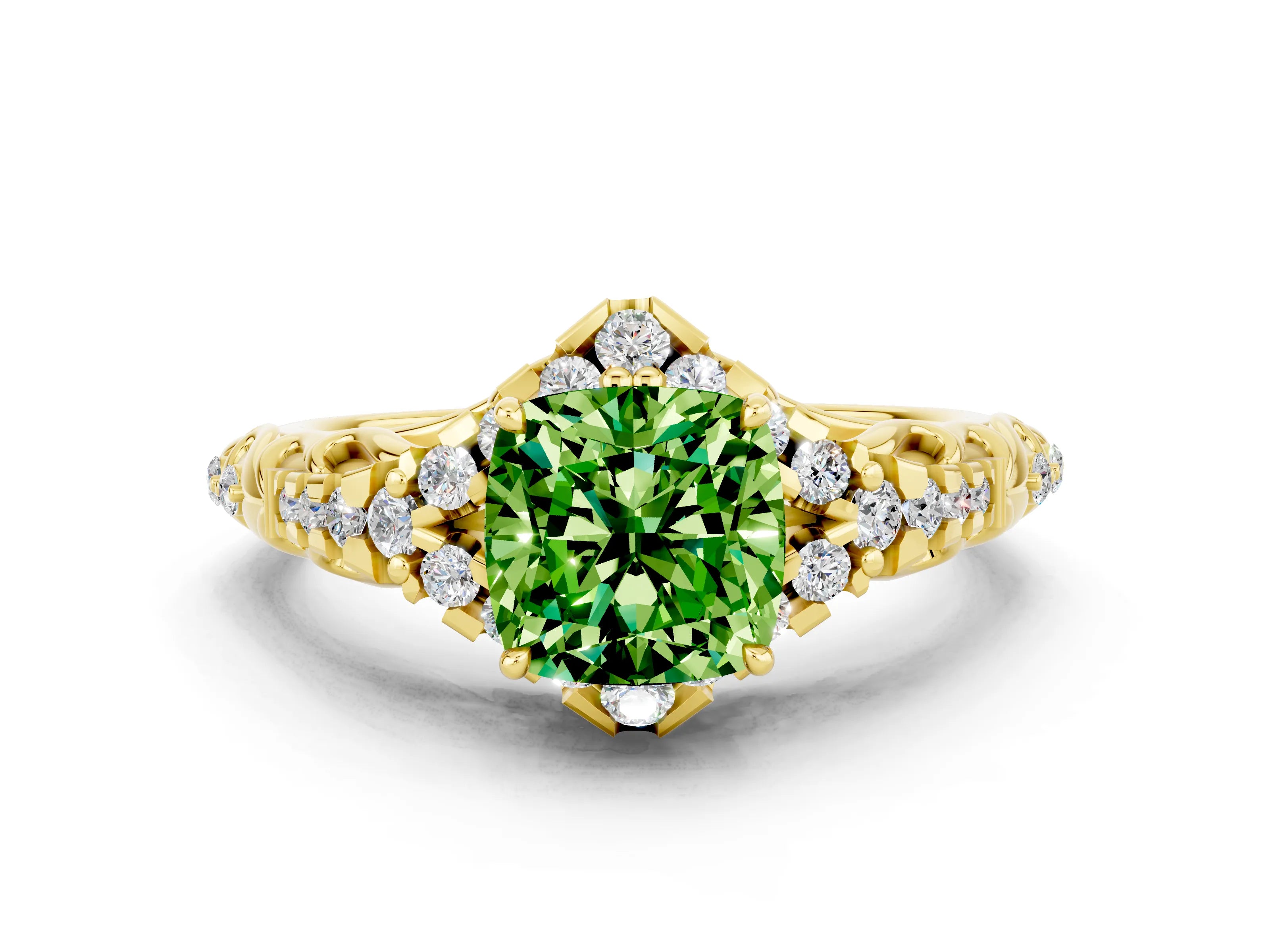 Yellow gold Cushion Cut Peridot Solitaire Ring with Hidden Halo and Pavé Band_12