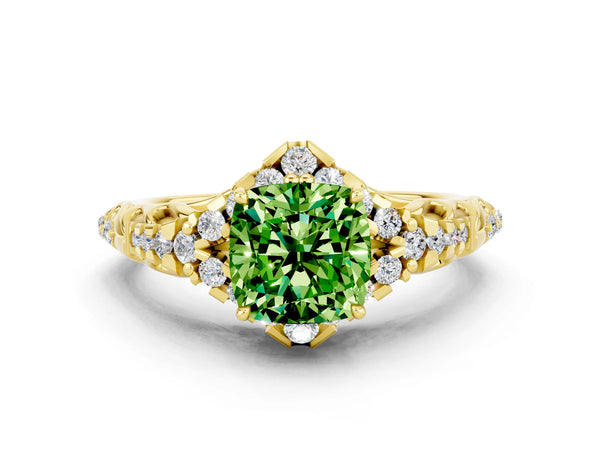 Yellow gold Cushion Cut Peridot Solitaire Ring with Hidden Halo and Pavé Band