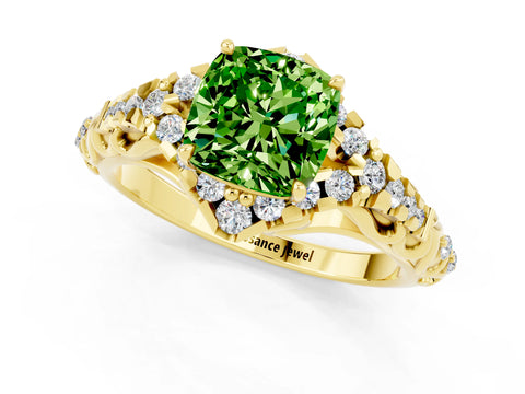 Yellow gold Cushion Cut Peridot Solitaire Ring with Hidden Halo and Pavé Band_13