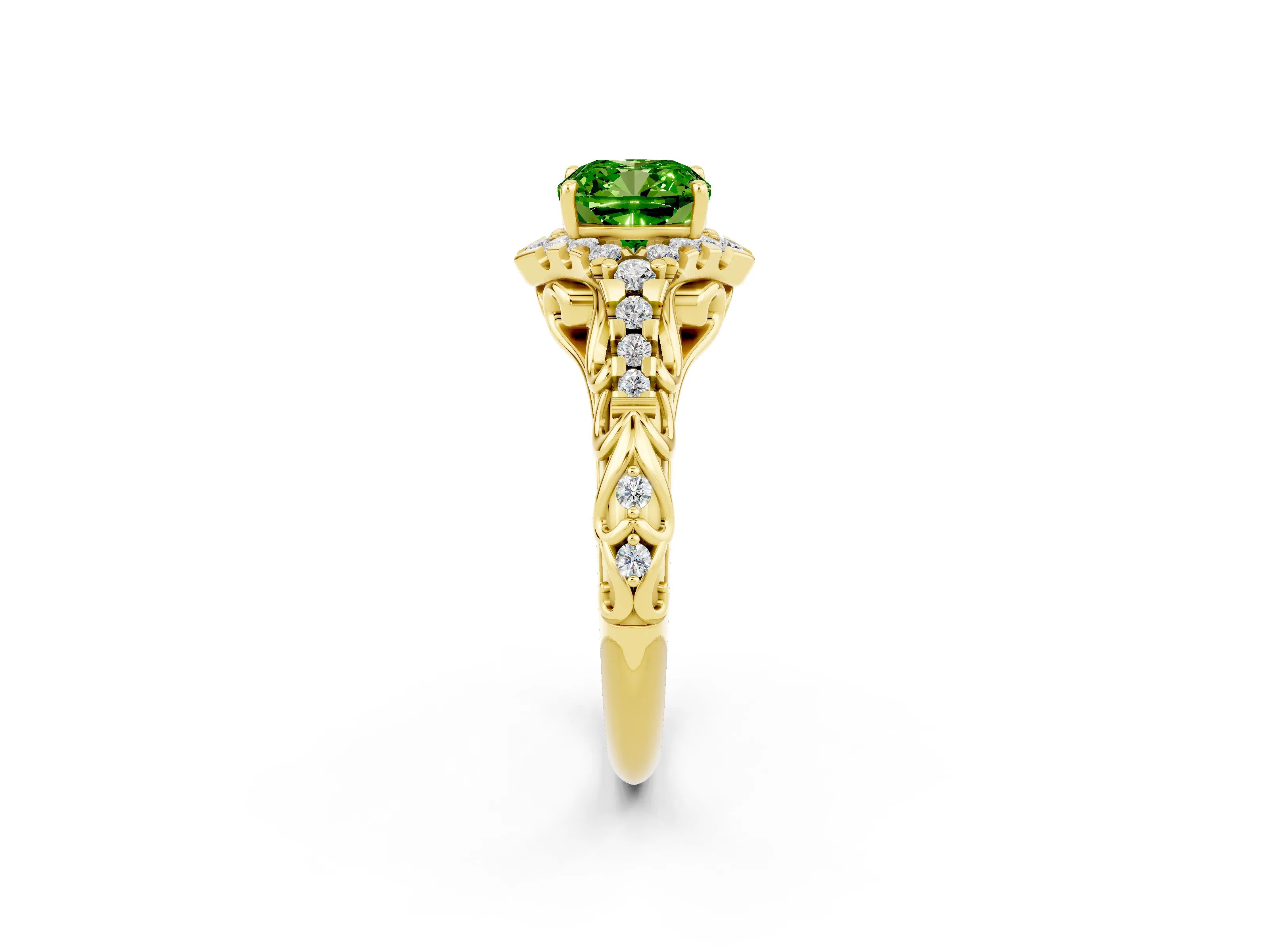 Yellow gold Cushion Cut Peridot Solitaire Ring with Hidden Halo and Pavé Band_14