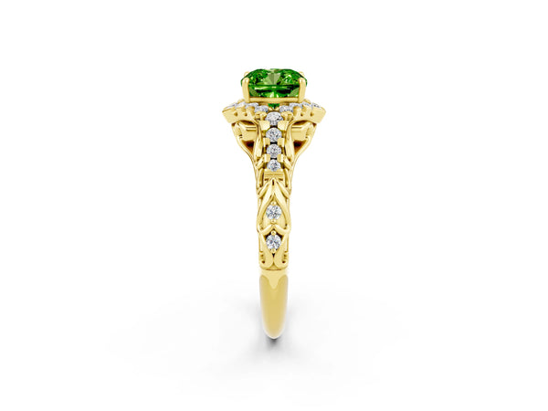 Yellow gold Cushion Cut Peridot Solitaire Ring with Hidden Halo and Pavé Band