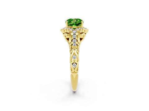 Yellow gold Cushion Cut Peridot Solitaire Ring with Hidden Halo and Pavé Band_14