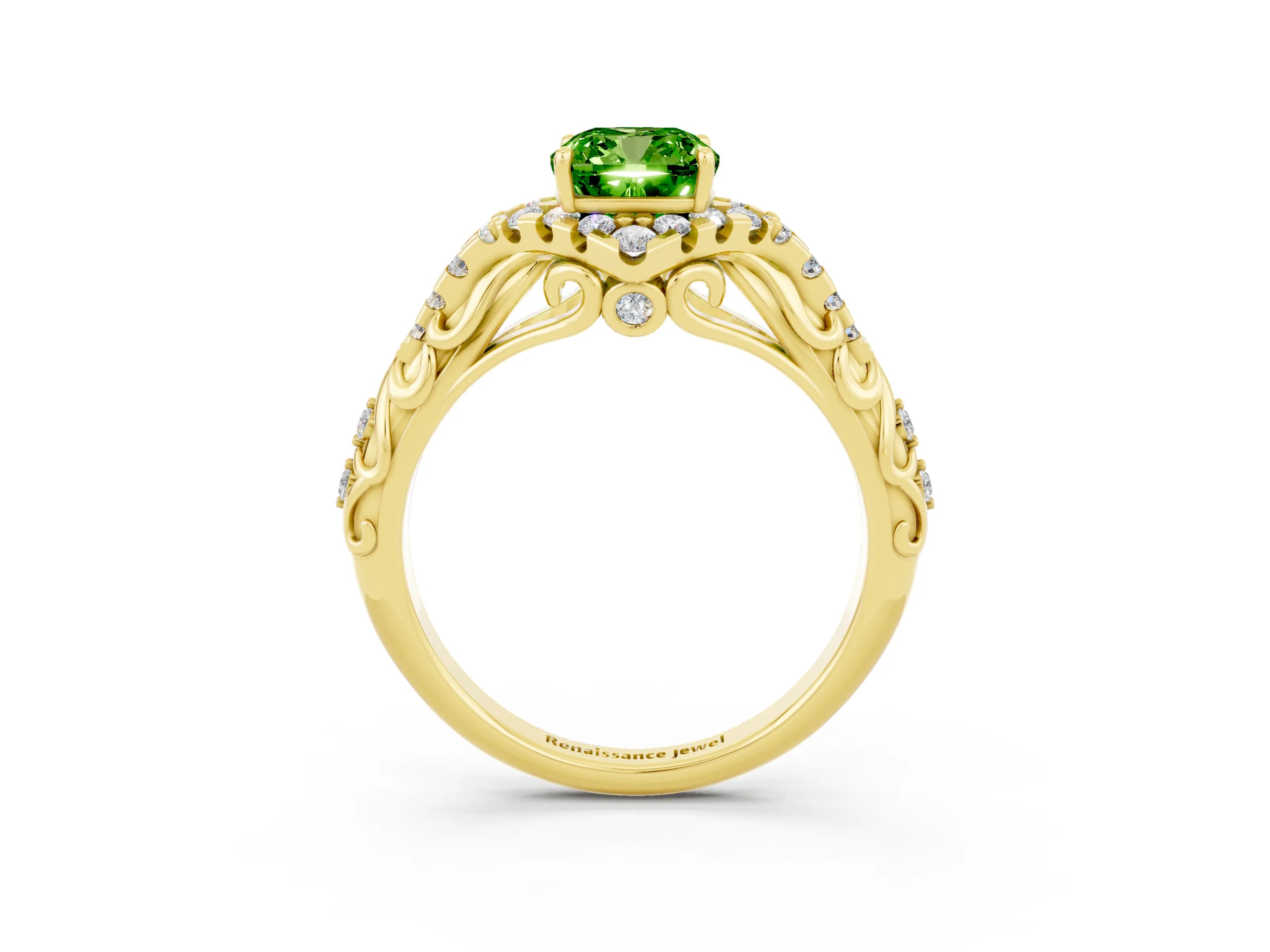 Yellow gold Cushion Cut Peridot Solitaire Ring with Hidden Halo and Pavé Band_15