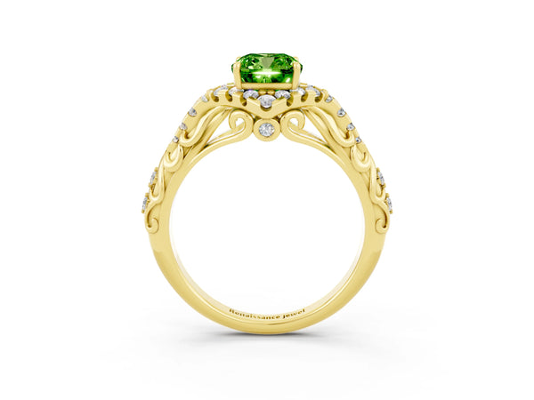 Yellow gold Cushion Cut Peridot Solitaire Ring with Hidden Halo and Pavé Band