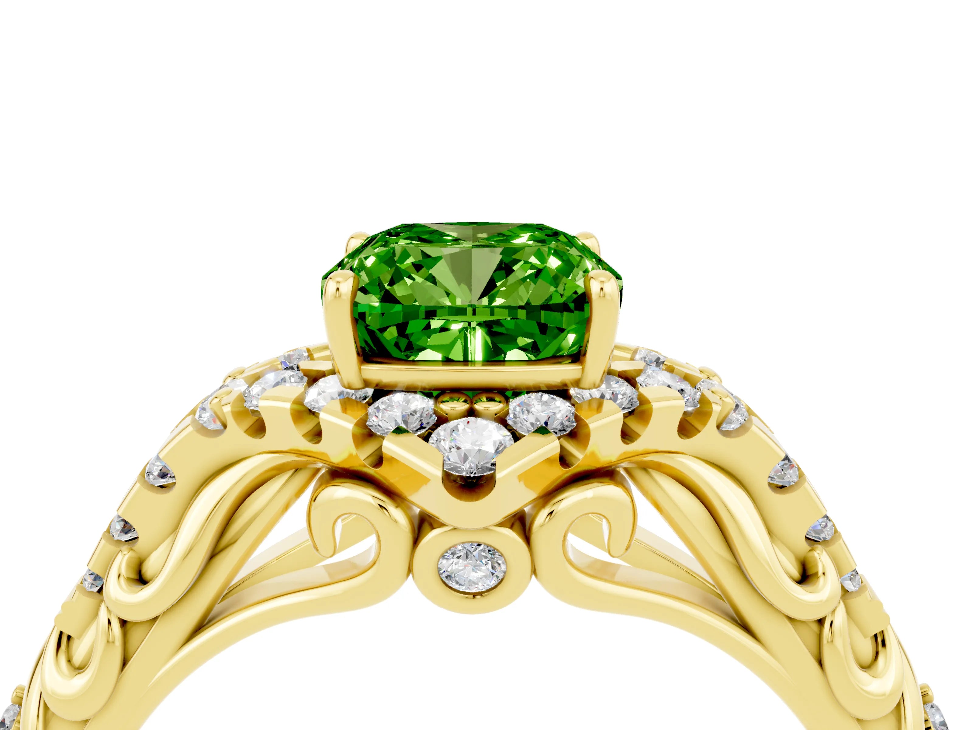 Yellow gold Cushion Cut Peridot Solitaire Ring with Hidden Halo and Pavé Band_16