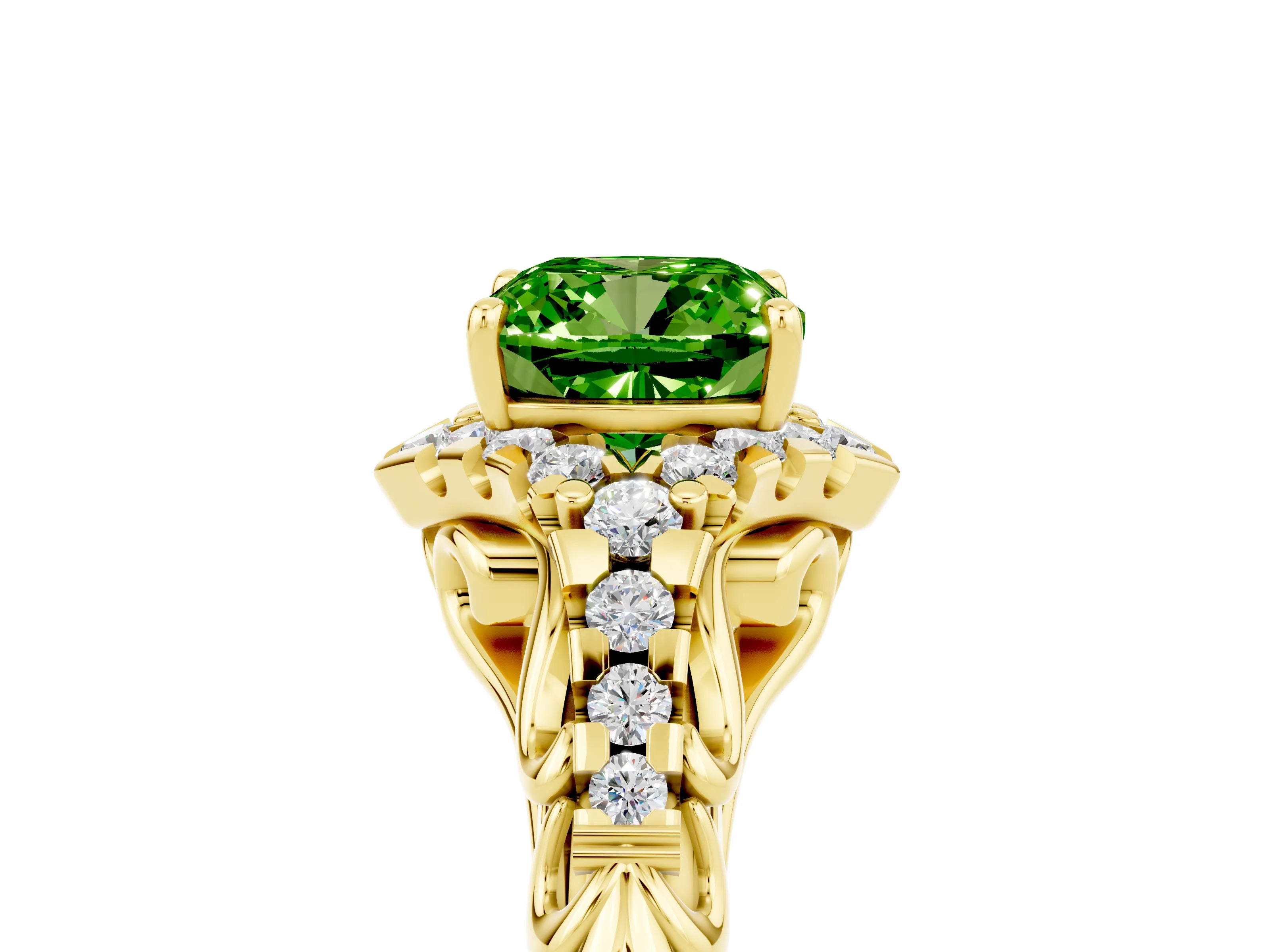 Yellow gold Cushion Cut Peridot Solitaire Ring with Hidden Halo and Pavé Band_17