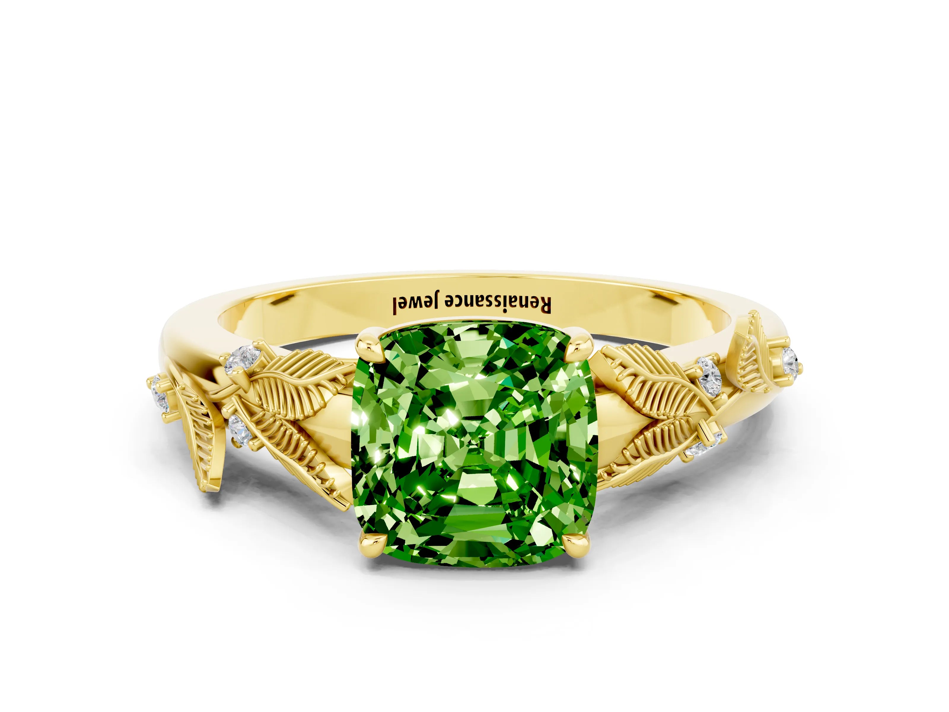 Yellow gold Cushion Cut Peridot Solitaire Ring with Leaf Motif Band and Four-Prong Setting