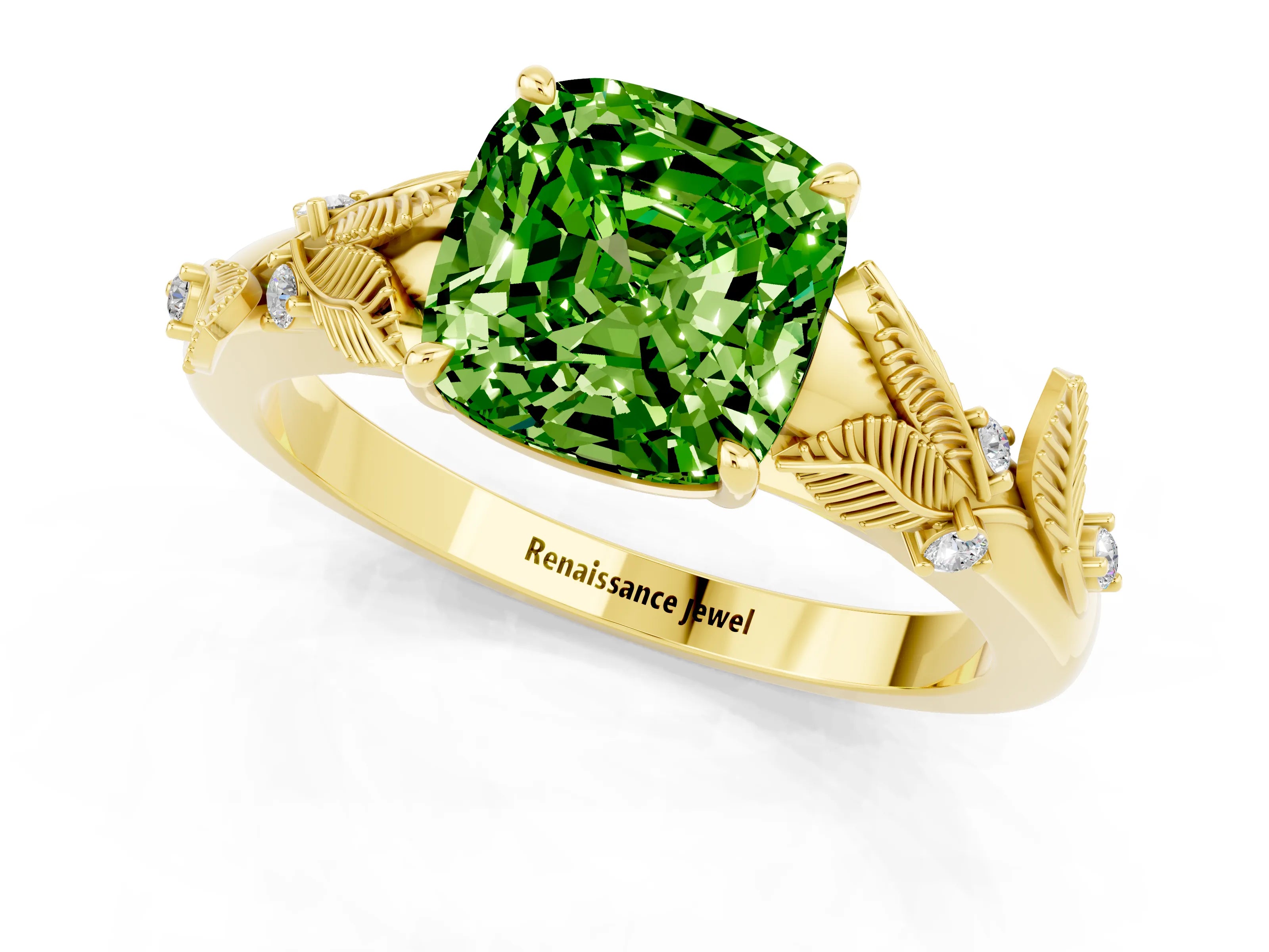 Yellow gold Cushion Cut Peridot Solitaire Ring with Leaf Motif Band and Four-Prong Setting_1