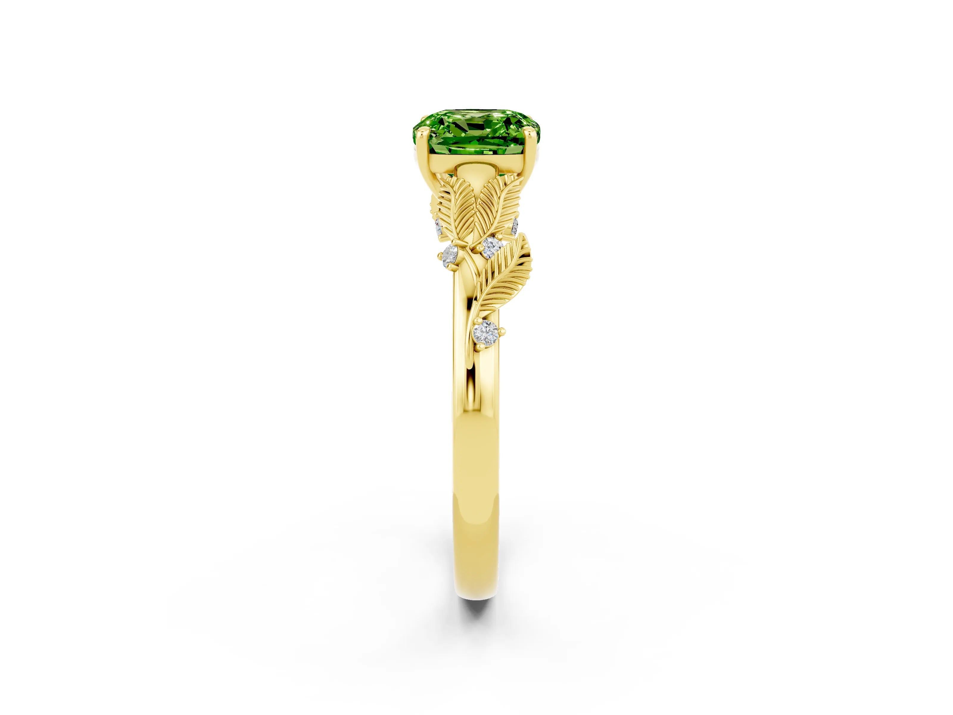 Yellow gold Cushion Cut Peridot Solitaire Ring with Leaf Motif Band and Four-Prong Setting_2