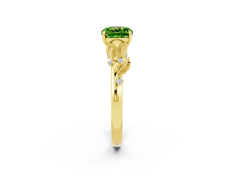 Yellow gold Cushion Cut Peridot Solitaire Ring with Leaf Motif Band and Four-Prong Setting_2