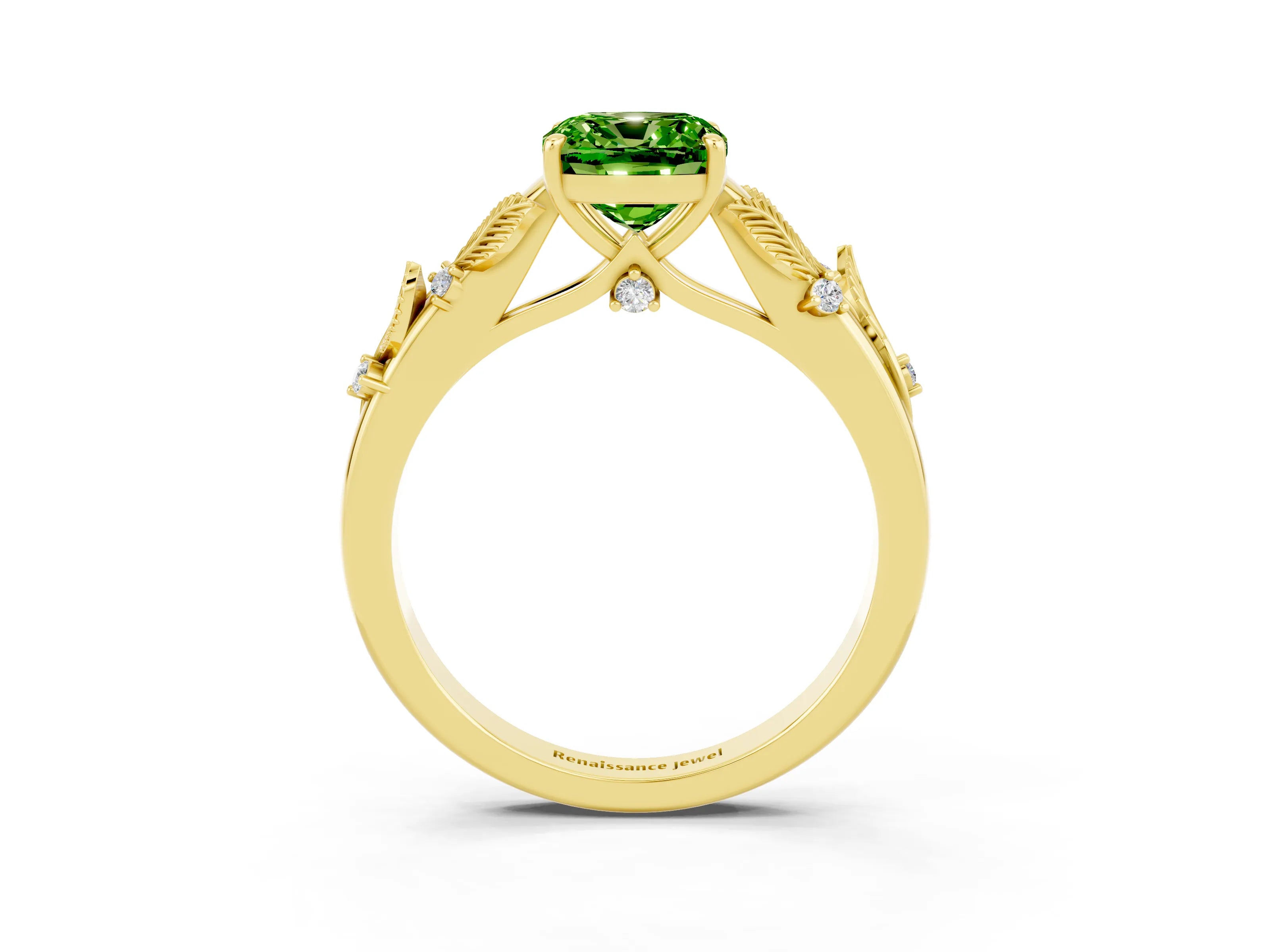 Yellow gold Cushion Cut Peridot Solitaire Ring with Leaf Motif Band and Four-Prong Setting_3