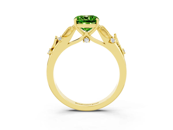 Yellow gold Cushion Cut Peridot Solitaire Ring with Leaf Motif Band and Four-Prong Setting